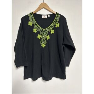 Quacker Factory Womens XL V Neck  Top Embroidered Beaded Art To Wear Black Green